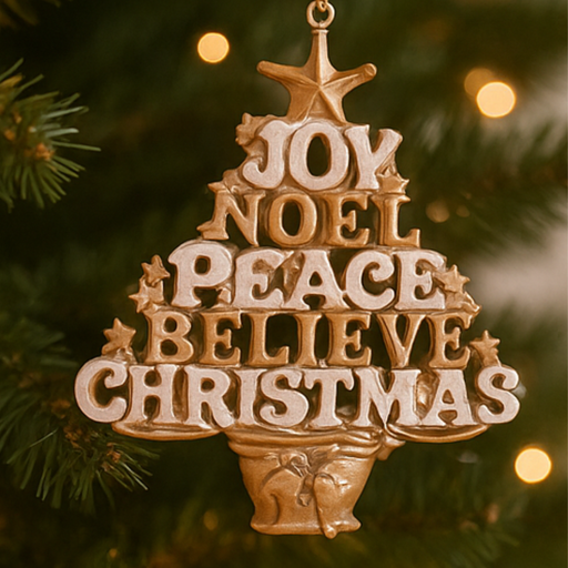 Decorative Christmas ornament with motivational phrases on a tree background
