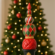 Decorative Christmas tree topper with red, green, and gold colors against a lit Christmas tree background.
