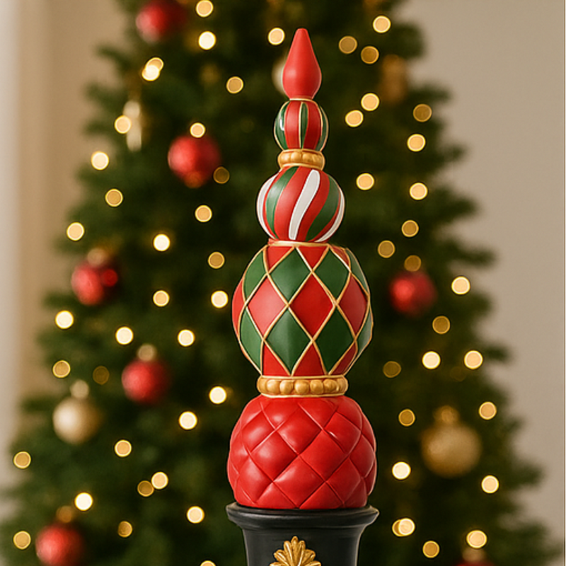 Decorative Christmas tree topper with red, green, and gold colors against a lit Christmas tree background.
