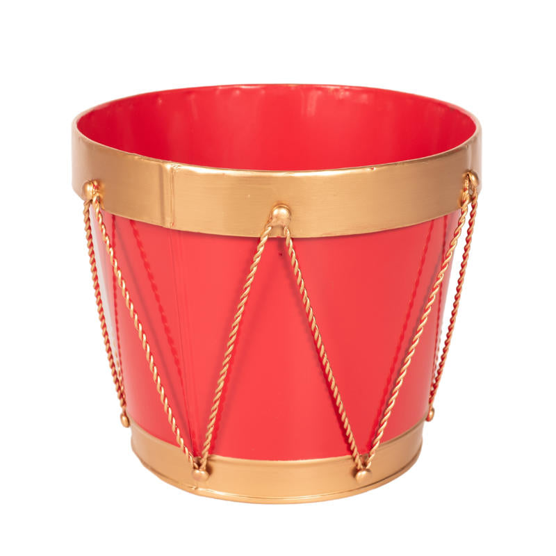 Red drum planter with gold detail, 22x20.5x47.5cm, ideal for festive indoor Christmas decorations.