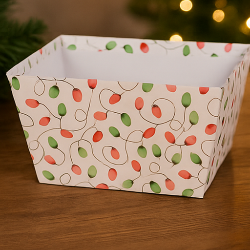 Rectangular box with Christmas light pattern on a wooden surface