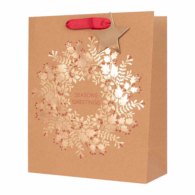 Kraft Gift Bag W/Foil Finish Wreath XL 33X45.7X10.2cm