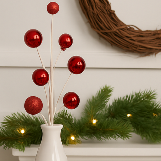 Decorative branch with red balls in a white vase on a mantel with greenery and lights.