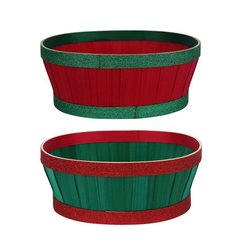 Glitter Trim Oval Basket Red with Green Glitter, Green with Red Glitter 25X20X10cm 2 assorted