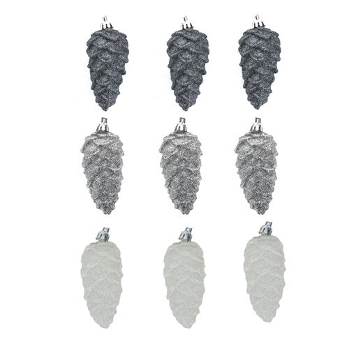 Glitter Pinecones White, Silver, Gunmetal 3 assorted 3Pk 4X9cm