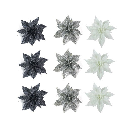 Glitter Flower with Clip White, Silver, Gunmetal 3pk 8cm 3 assorted