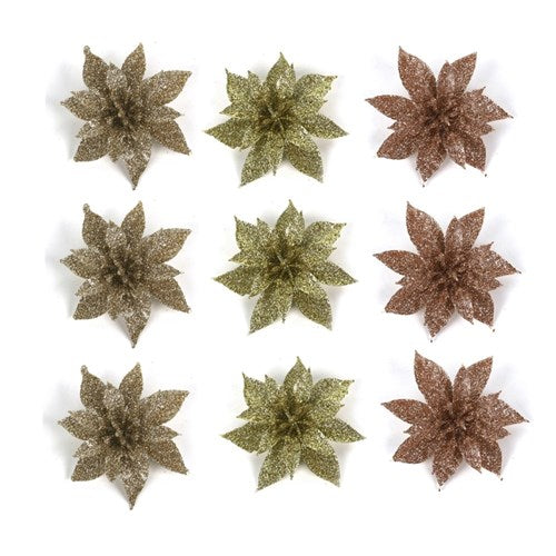 Glitter Flower with Clip Gold, Champagne, Rose Gold 3pk 8cm 3 assorted