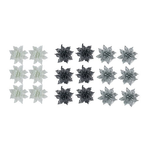 Glitter Flower with Clip White, Silver, Gunmetal 6Pk 4cm 3 assorted