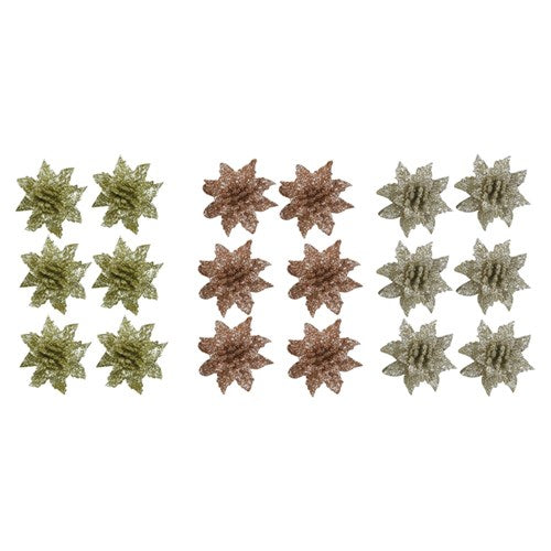 Glitter Flower with Clip Gold, Champagne, Rose Gold 6Pk 4cm 3 assorted