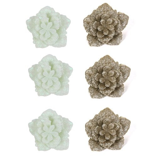 Glitter Flower with Clip White & Champagne 3Pk 8cm 2 assorted