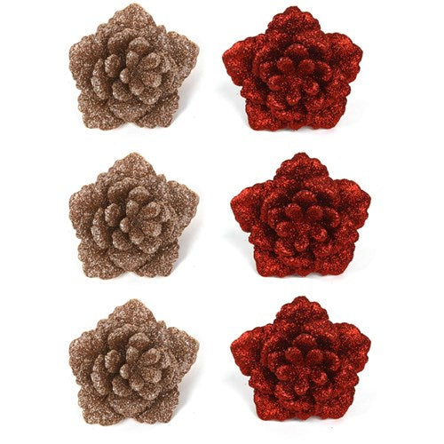 Glitter Flower with Clip Gold & Red 3Pk 8cm 2 assorted