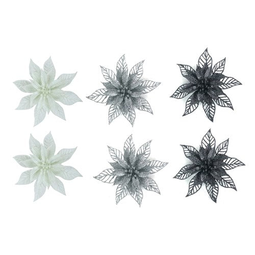 Glitter Flower with Clip White, Silver, Gun Metal 2Pk 15cm 3 assorted
