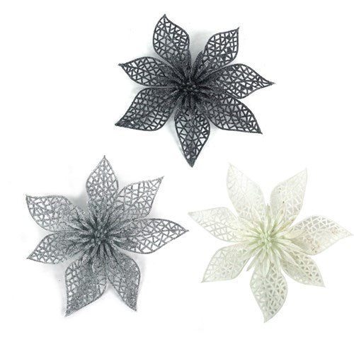 Glitter Flower White, Silver, Gun Metal 20cm 3 assorted