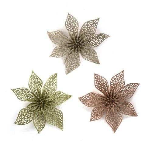 Glitter Flower Gold, Champagne, Rose Gold 20cm 3 assorted
