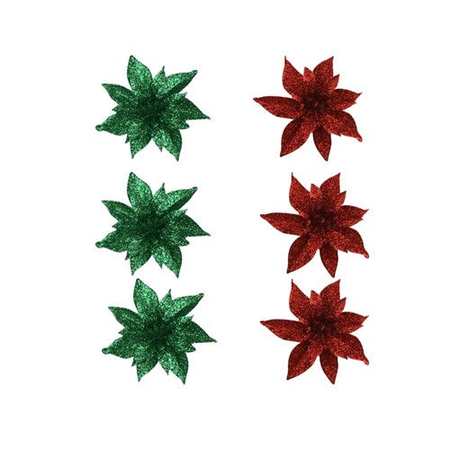 Glitter Flower Green & Red 3Pk 8cm 2 assorted