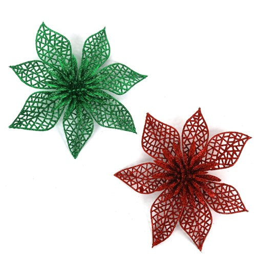 Glitter Flower Green & Red 20cm 2 assorted