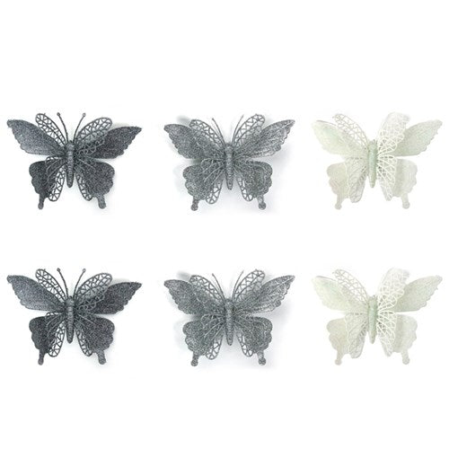Glitter Butterly with Clip White, Silver, Gun Metal 2Pk 16x11cm 3 assorted