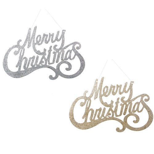 Merry Christmas Sign Champagne & Silver 45X28cm 2 assorted