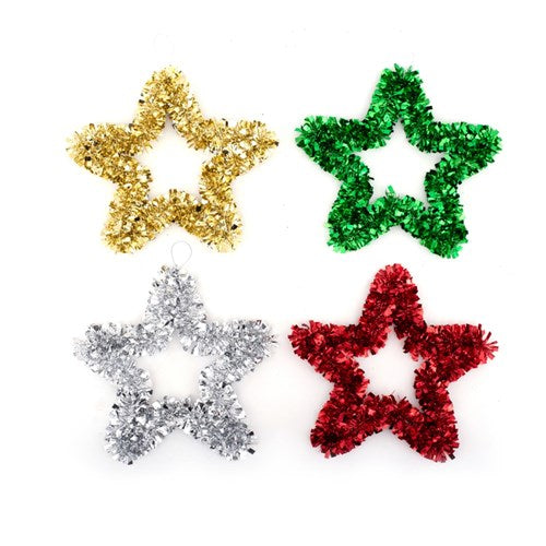 Tinsel 30cm Star Champagne, Silver, Red, Green 4 assorted