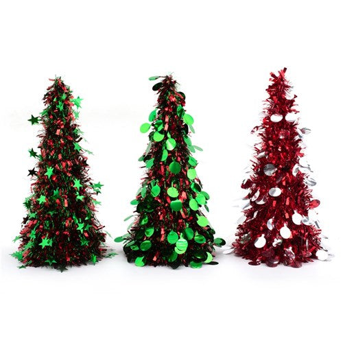 Tinsel Trees 48cm Red with Silver Balls Green with Red Berries Green with Holly 48cm 3 assorted