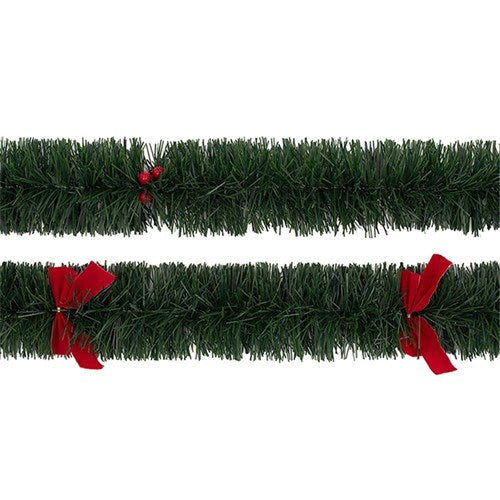 Tinsel 2m Thick matt Green 5Ply X 9cm with Berries & Bows 2 assorted