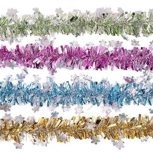 Tinsel 2m Pastel with Snowflake Cutouts Blue, Pink, Champagne, Lime 4 assorted