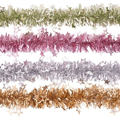 Tinsel 2m Star Cutout Gold, Silver, Pink, Lime 9cm 5Ply 4 assorted