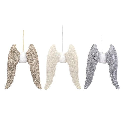 Angel Wing Ornaments Champagne, Silver, White with Fur Detail 15cm 3 assorted