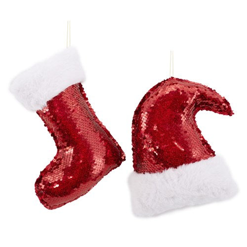 Sequin Boot&Hat Deco Red & White 21cm 2 assorted