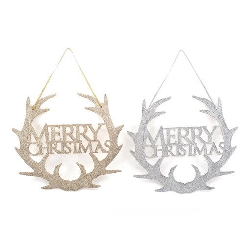 Merry Christmas Sign Champagne & Silver Glitter 20cm 2 assorted