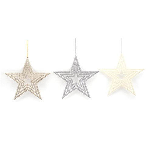 Star Ornament Silver, White, Champagne Glitter 30cm 3 assorted