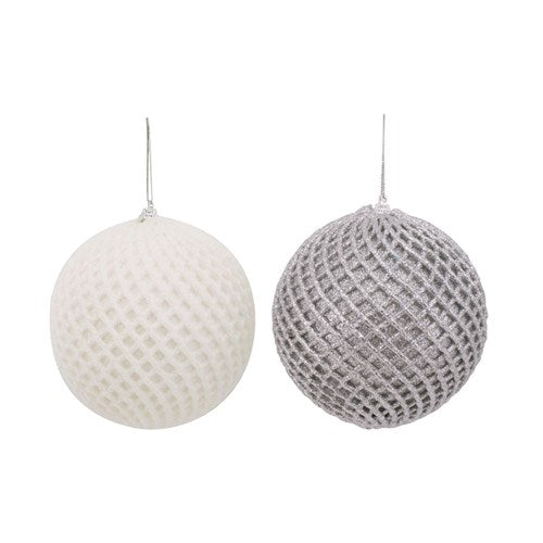 Bauble 12cm Foam Glitter Silver & White 12pc Tray 2 assorted