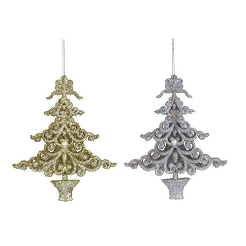 Tree Ornament Silver & Champ Glitter 12.2X14.8cm 2 assorted