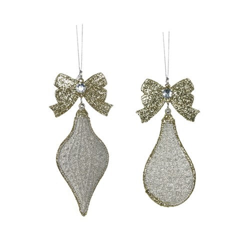 Tree Ornament Champagne Glitter Finial with Bow 15.8cm 17cm 2 assorted