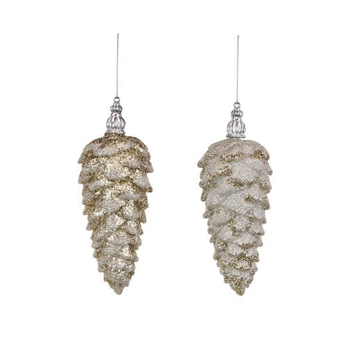 Tree Ornament 2Pk Champagne Glitter Pinecone 15.5cm