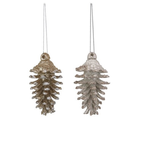 Tree Ornament Platinum, Champagne Glitter Pinecone 4.7X9cm 2 assorted