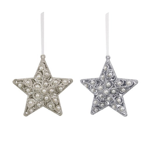 Tree Ornament Silver & White Glitter Star with Pearl 11cm 2 assorted