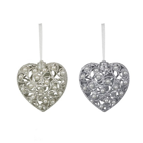 Silver & White Glitter Heart with Pearl Ornament 10cm 2 assorted
