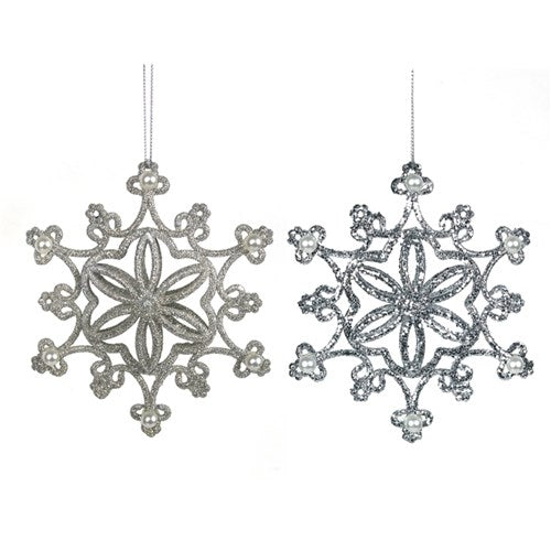 Platinum & Silver Glitter Snowflake Ornament 12.5cm 2 assorted