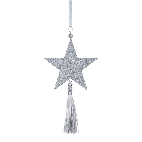 Platinum Glitter Star Ornament with Tassel 22cm