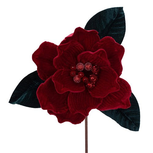 Burgundy Velour Magnolia with Leaves 27cm