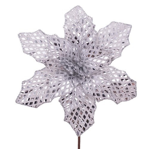 Silver Mirror Ball Look Poinsettia Stem 30cm