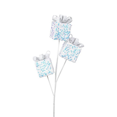 Gift Box Pick 8X8X10cm 3pc White Sequin Gift Box 64cm Stem
