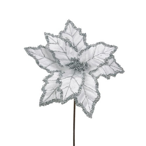 White Velour Poinsettia 31cm with Silver Glitter Detail 50cm Stem