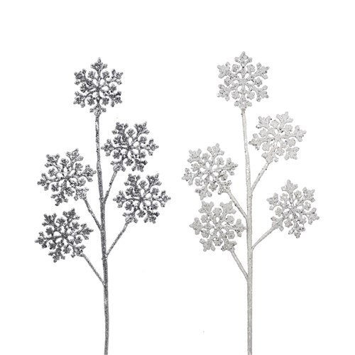 Silver & White Glitter Snowflake On 31cm Stem 5Pc 2 assorted