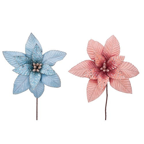 Coral & Blue Velour Poinsettia with Glitter Detail 50cm Stem 40cm 2 assorted