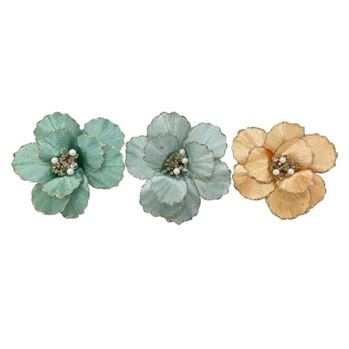 Coral, Teal, Blue Poinsettia with Clip 22cm 3 assorted