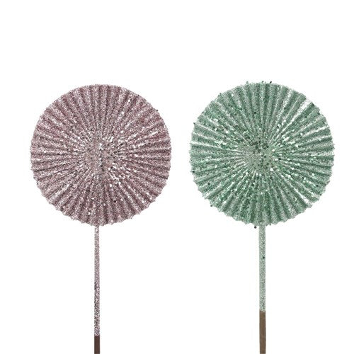Dusty Pink & Sage Glitter Fan with 51cm Stem 16cm 2 assorted