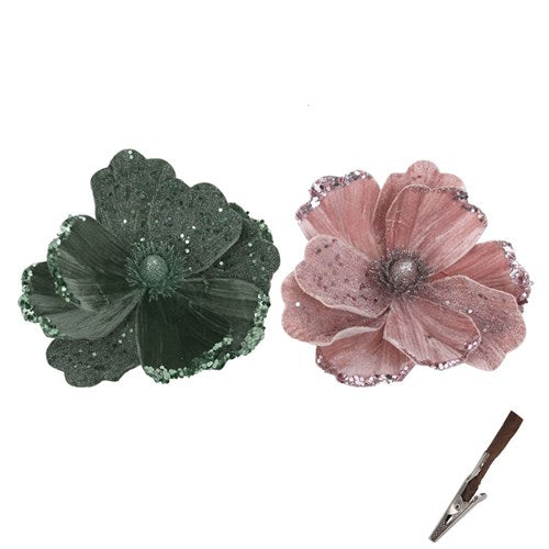 Sage & Dusty Pink Magnolia with Clip 18cm 2 assorted