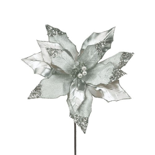 Platinum Poinsettia 30cm with Heavy Beading & 50cm Stem